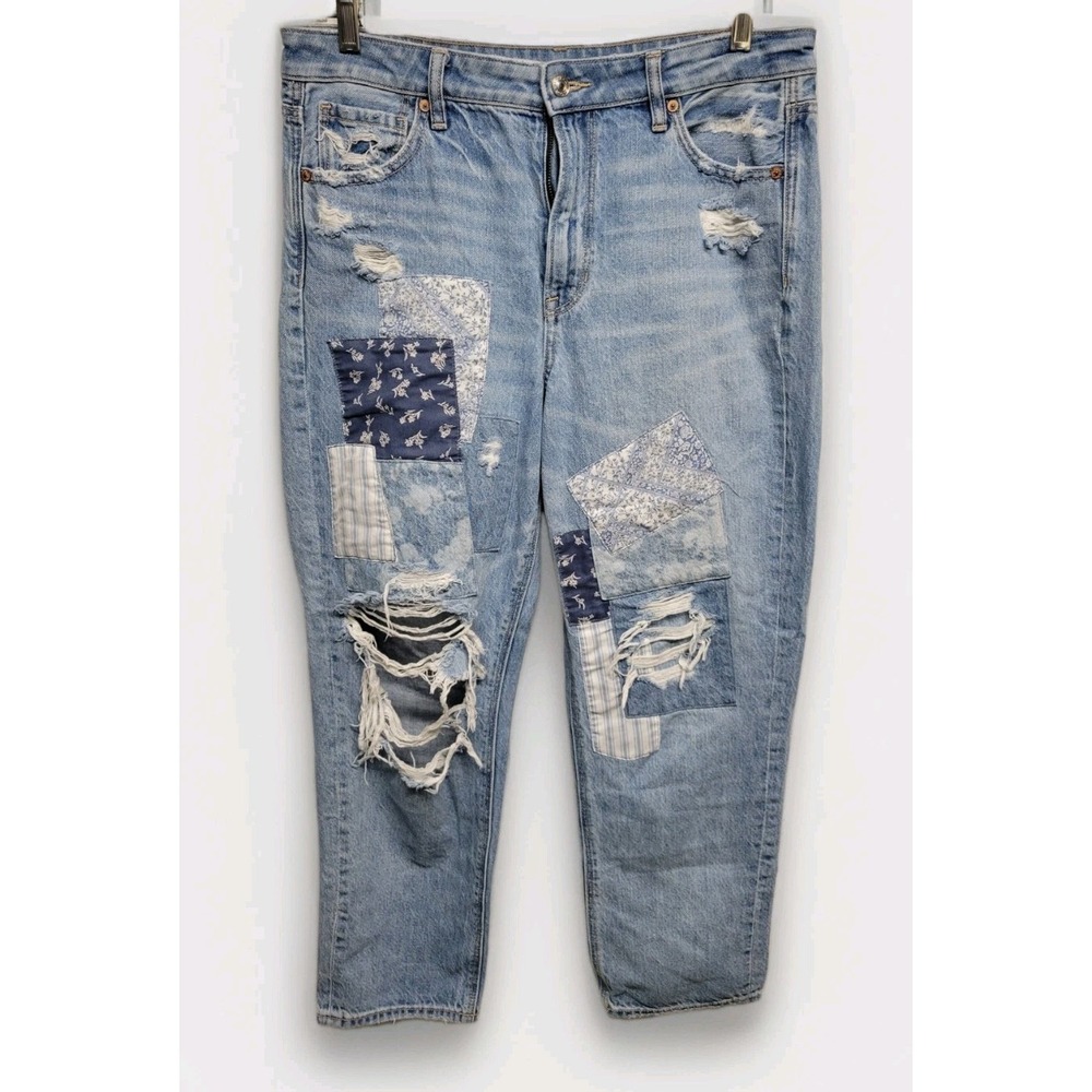 American Eagle Womens Size 10 Blue Denim Mom Straight Patchwork Distressed